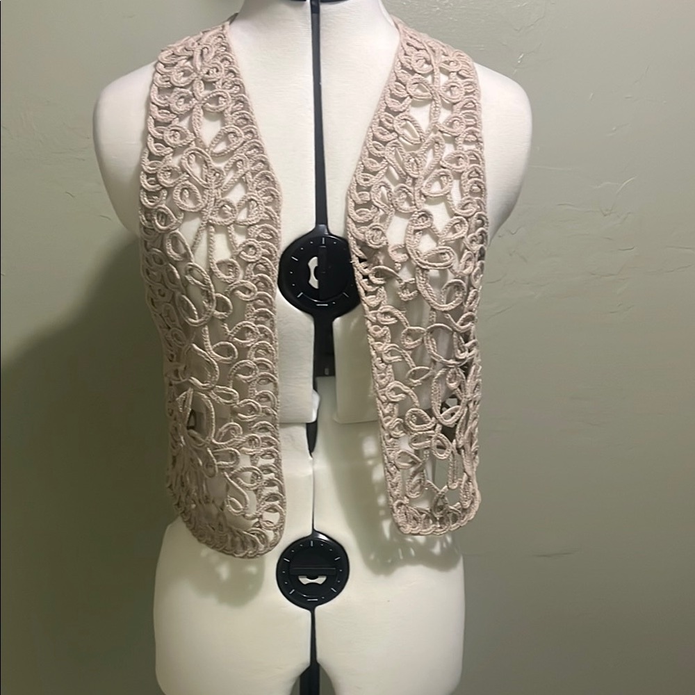 Beige BOHO Crochet Open Vest